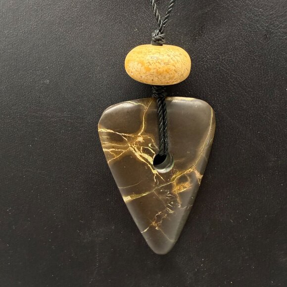 Green Brown Yellow Wooded Beads Stone Station Black Cord Y Drop Necklace Boho - Picture 4 of 4